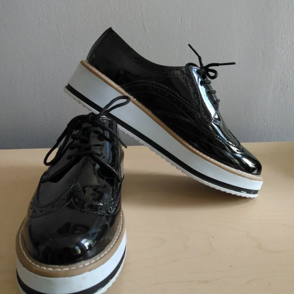 Creepers Platform Patent Lace Up Brogue Oxford Wingtip Shoes US9 Platform Wedge - Picture 5 of 10